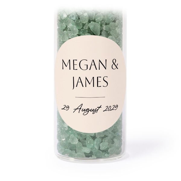 Glass tubes with round stickers & green bath salt - set of 12