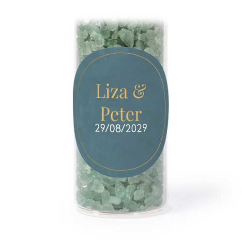 Glass tubes with round stickers & green bath salt - set of 12