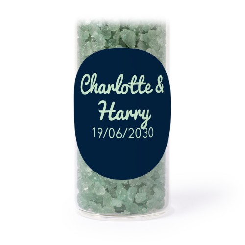 Glass tubes with round stickers & green bath salt - set of 12