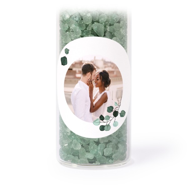 Glass tubes with round stickers & green bath salt - set of 12