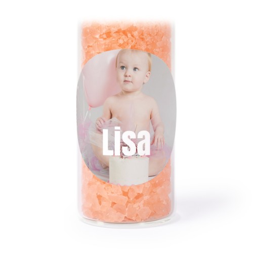 Glass tubes with round stickers & pink bath salt - set of 12