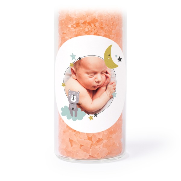 Glass tubes with round stickers & pink bath salt - set of 12