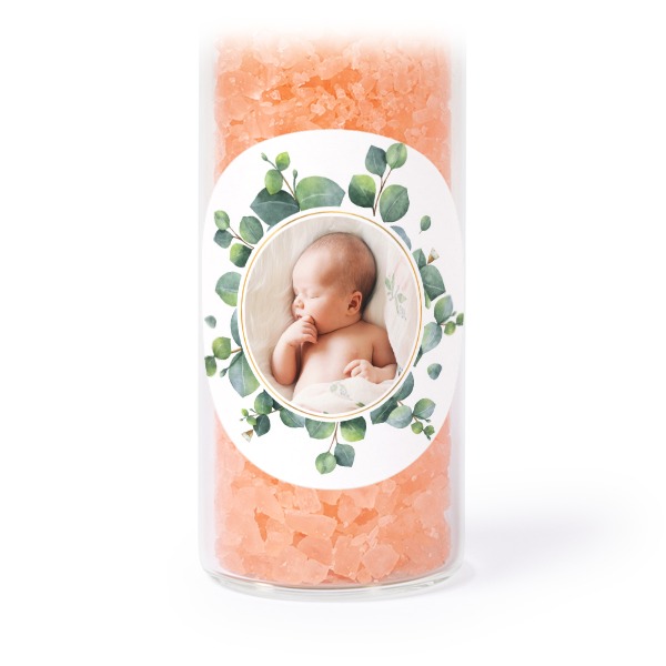 Glass tubes with round stickers & pink bath salt - set of 12