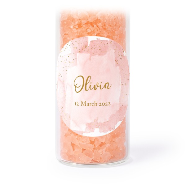 Glass tubes with round stickers & pink bath salt - set of 12