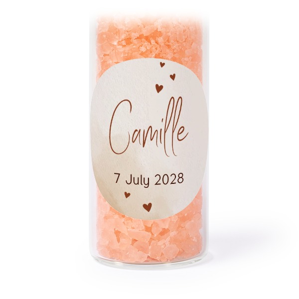 Glass tubes with round stickers & pink bath salt - set of 12