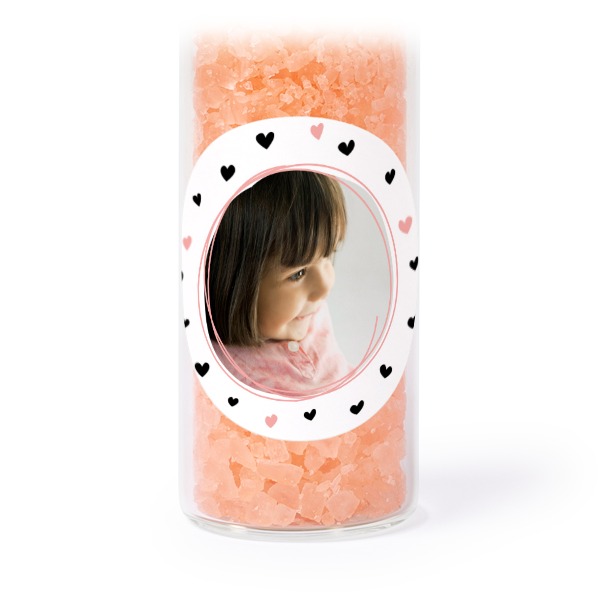 Glass tubes with round stickers & pink bath salt - set of 12