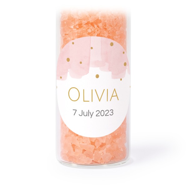 Glass tubes with round stickers & pink bath salt - set of 12