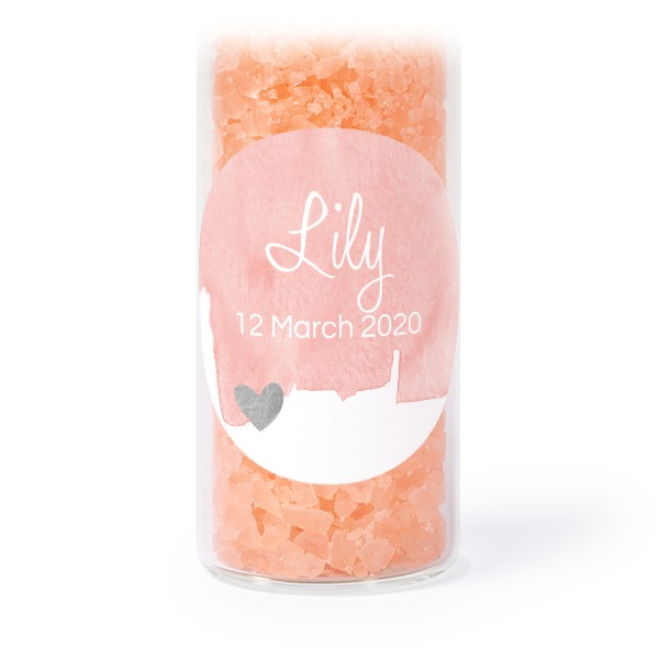 Glass tubes with round stickers & pink bath salt - set of 12