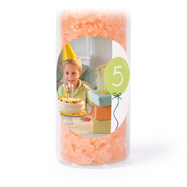 Glass tubes with round stickers & pink bath salt - set of 12