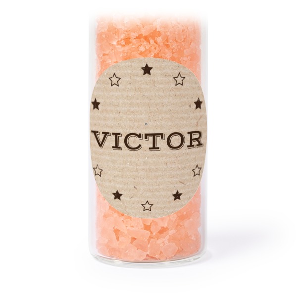 Glass tubes with round stickers & pink bath salt - set of 12