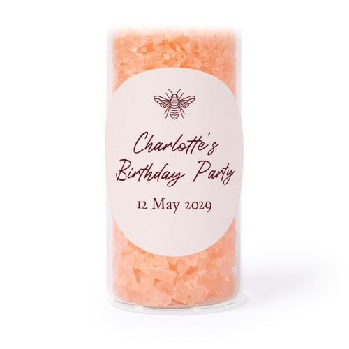 Glass tubes with round stickers & pink bath salt - set of 12