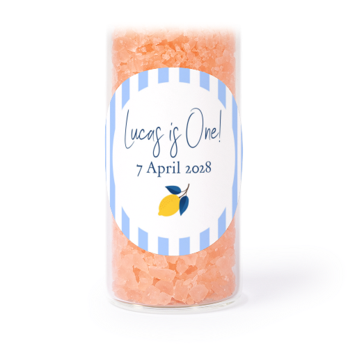 Glass tubes with round stickers & pink bath salt - set of 12 Glass tubes with round stickers & pink bath salt - set of 12