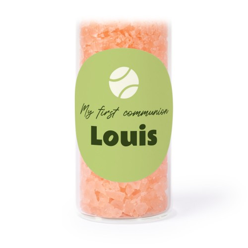 Glass tubes with round stickers & pink bath salt - set of 12 Glass tubes with round stickers & pink bath salt - set of 12