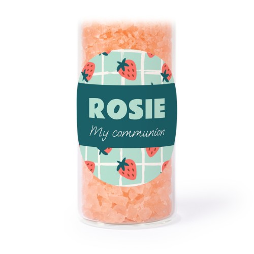 Glass tubes with round stickers & pink bath salt - set of 12