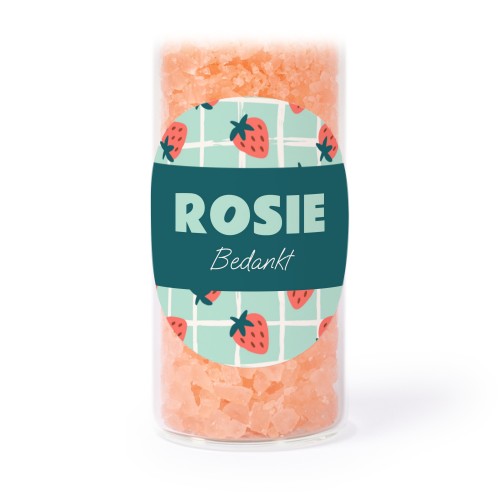 Glazen buisjes met ronde stickers & roze badzout - set van 12 Glazen buisjes met ronde stickers & roze badzout - set van 12