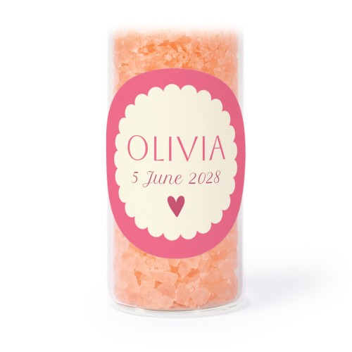 Glazen buisjes met ronde stickers & roze badzout (set van 12)