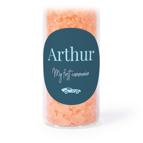 Glass tubes with round stickers & pink bath salt - set of 12