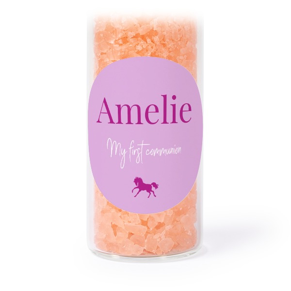 Glazen buisjes met ronde stickers & roze badzout (set van 12)