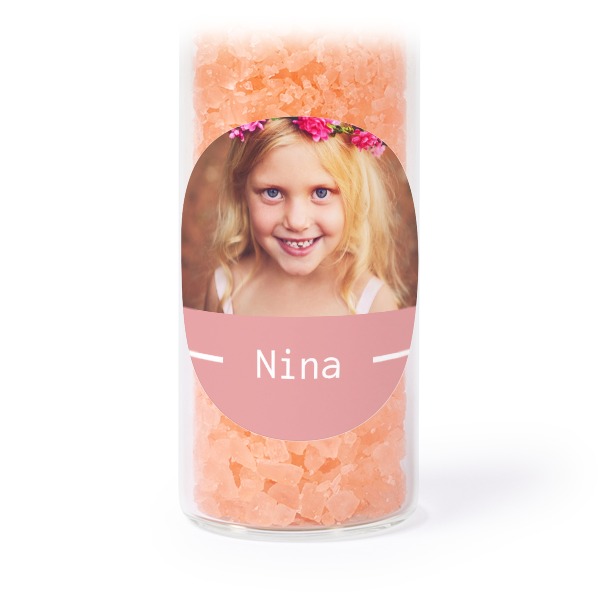 Glazen buisjes met ronde stickers & roze badzout (set van 12) Glazen buisjes met ronde stickers & roze badzout (set van 12)