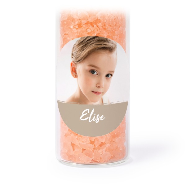 Glazen buisjes met ronde stickers & roze badzout (set van 12) Glazen buisjes met ronde stickers & roze badzout (set van 12)