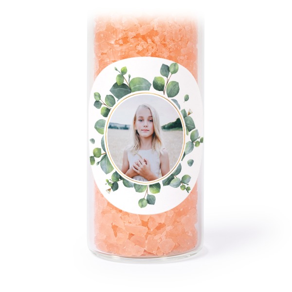 Glass tubes with round stickers & pink bath salt - set of 12