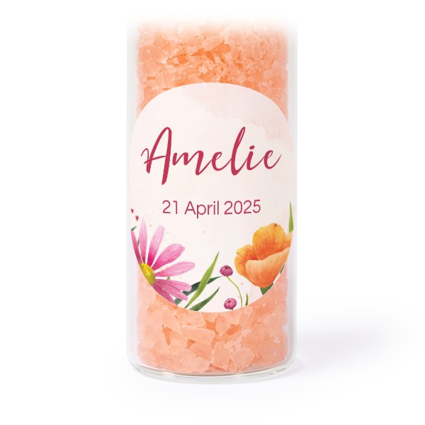 Tube avec sticker rond & sel de bain rose (lot de 12)