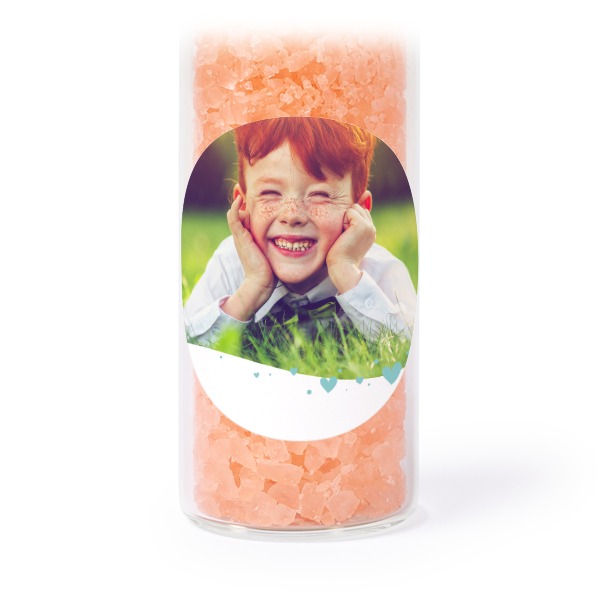 Glass tubes with round stickers & pink bath salt - set of 12