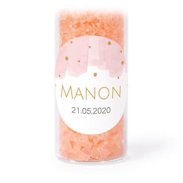Glass tubes with round stickers & pink bath salt - set of 12