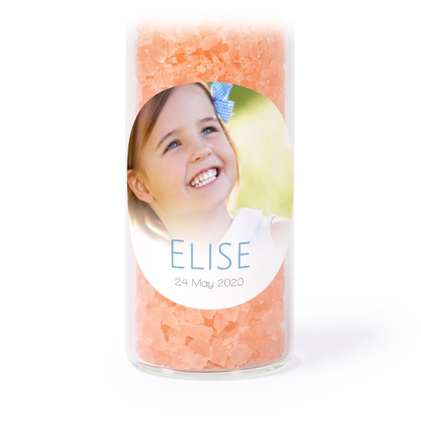 Glass tubes with round stickers & pink bath salt - set of 12 Glass tubes with round stickers & pink bath salt - set of 12