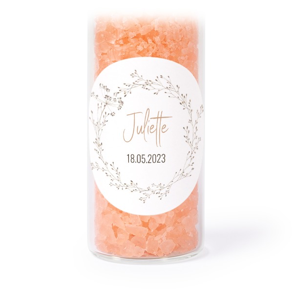 Glass tubes with round stickers & pink bath salt - set of 12