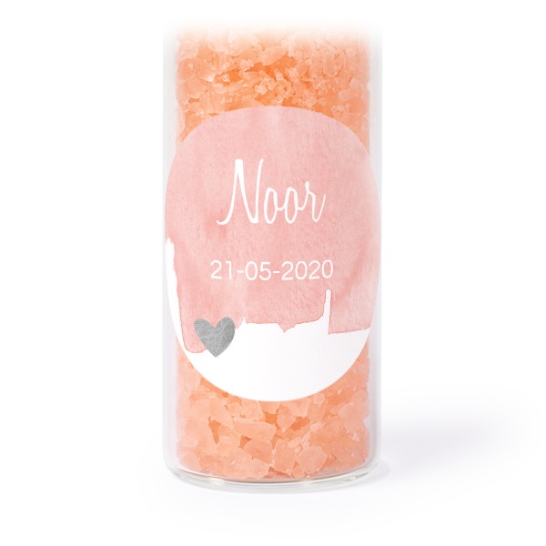 Glass tubes with round stickers & pink bath salt - set of 12