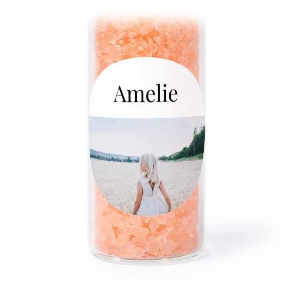 Glass tubes with round stickers & pink bath salt - set of 12