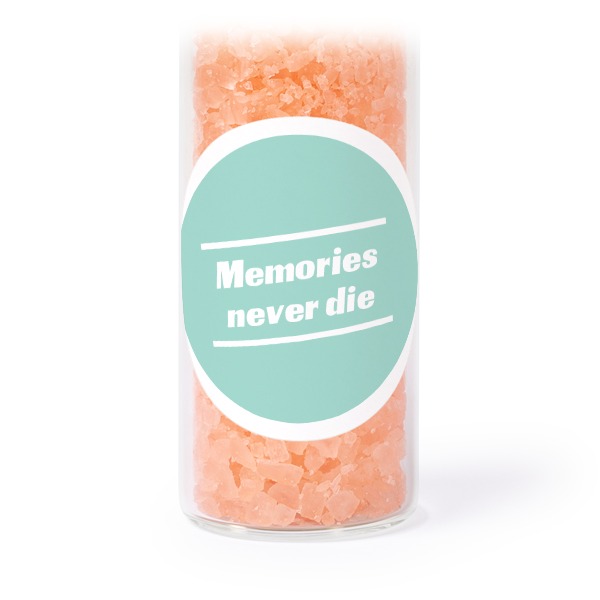 Glass tubes with round stickers & pink bath salt - set of 12