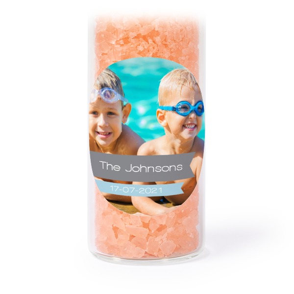 Glass tubes with round stickers & pink bath salt - set of 12
