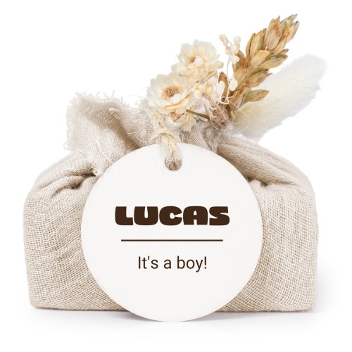 Zeepjes in beige tetra doekje met rond label (set van 6)