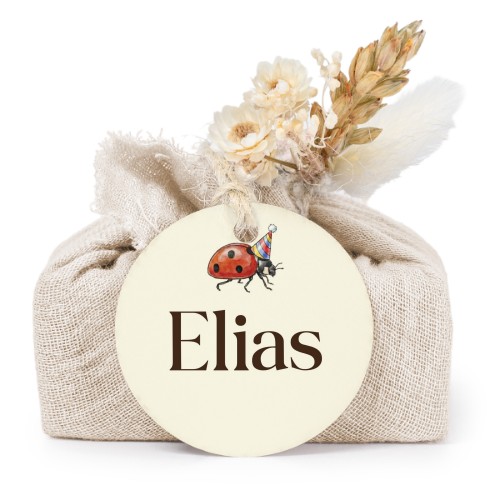 Zeepjes in beige tetra doekje met rond label (set van 6)