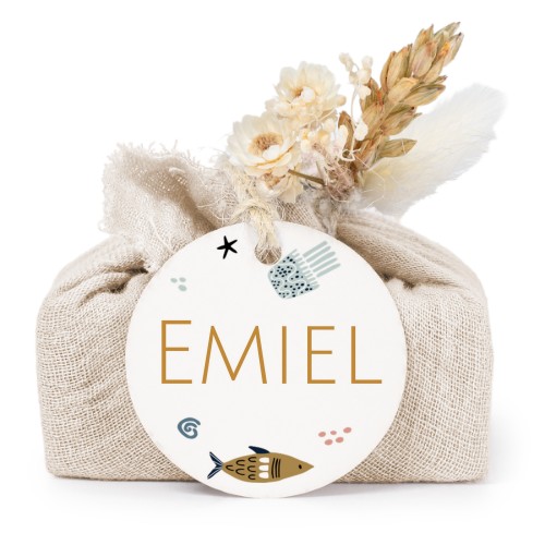 Sæber i beige stofindpakninger med rundt mærke (sæt á 6)