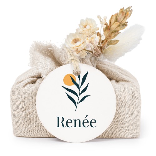 Zeepjes in beige tetra doekje met rond label (set van 6)