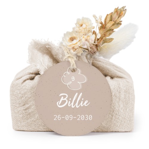 Zeepjes in beige tetra doekje met rond label (set van 6)