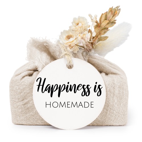 Lot de 6 savons avec emballage en coton beige et étiquettes rondes