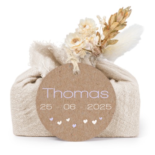 Zeepjes in beige tetra doekje met rond label (set van 6)