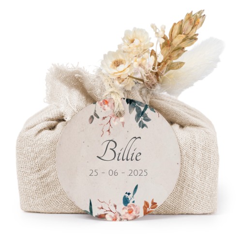 Tvålar i beige tygförpackningar med rund etikett (6 st)