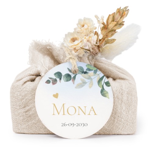 Lot de 6 savons avec emballage en coton beige et étiquettes rondes