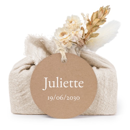 Zeepjes in beige tetra doekje met rond label (set van 6)