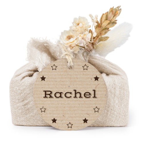 Lot de 6 savons avec emballage en coton beige et étiquettes rondes