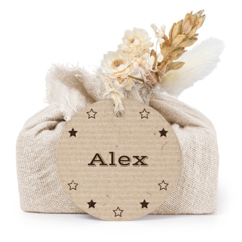 Lot de 6 savons avec emballage en coton beige et étiquettes rondes