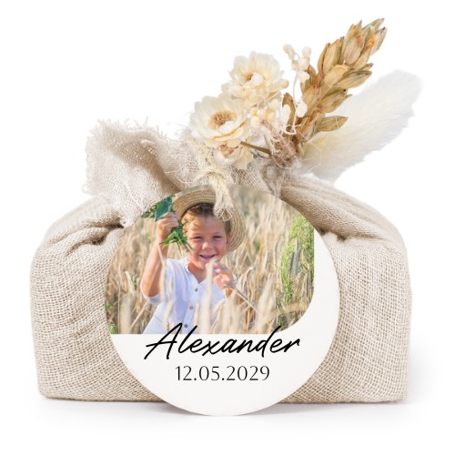 Zeepjes in beige tetra doekje met rond label (set van 6)