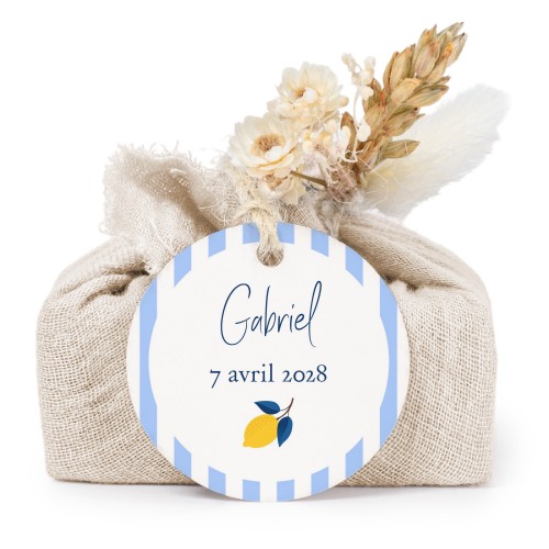 Lot de 6 savons avec emballage en coton beige et étiquettes rondes