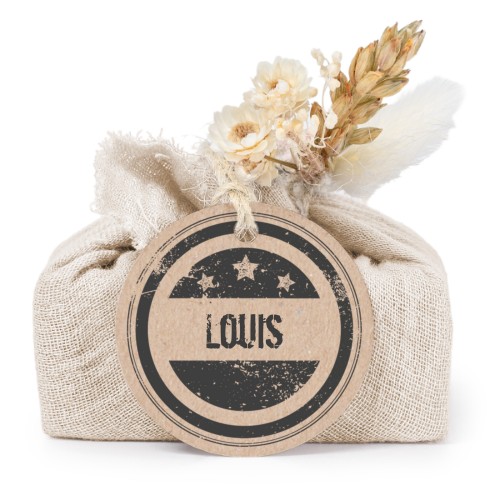 Zeepjes in beige tetra doekje met rond label (set van 6)