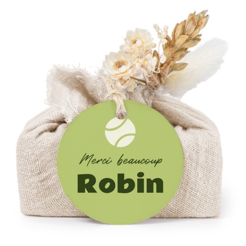 Lot de 6 savons avec emballage en coton beige et étiquettes rondes